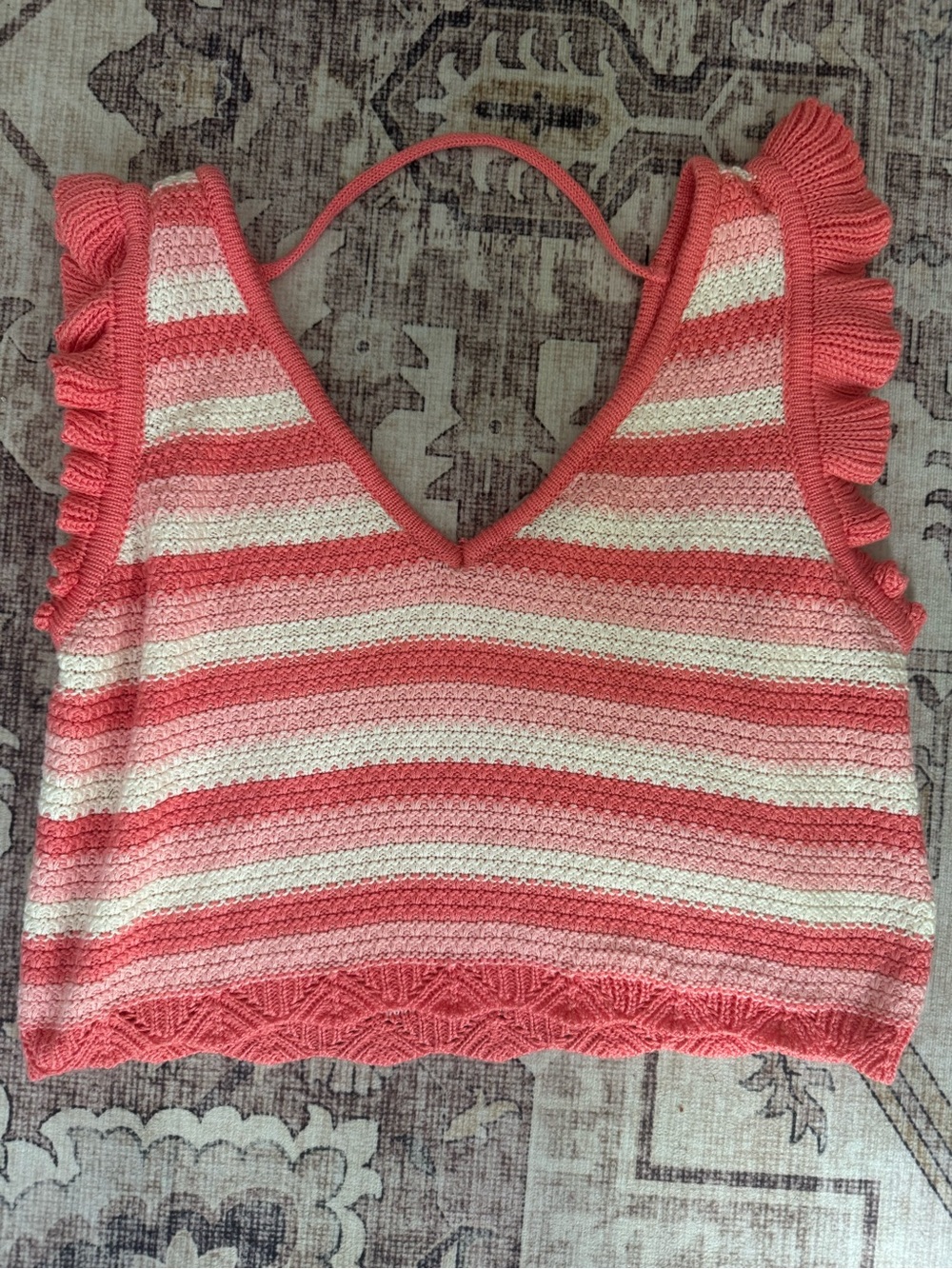Striped Coral & Cream Knit Ruffle Sleeve Tank